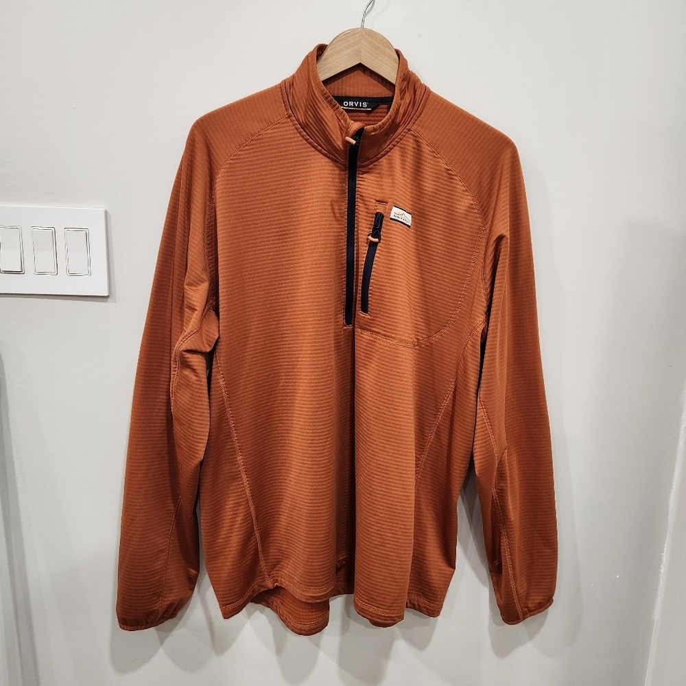 Orvis Mens Horseshoe Hills 1/4 Zip Top XL Orange Pullover Outdoor Hiking Stretch
